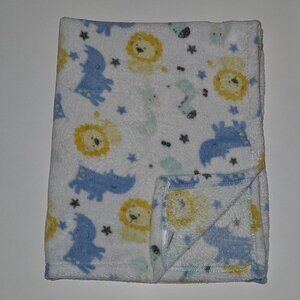 Cutie Pie Lion Zebra Giraffe Rhino Stars Fleece Baby Blanket 30x36 Blue Yellow